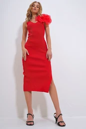 Trend Alaat Stili Women's Red V-Neck Rose Accessory Knitwear Midi Length Dress