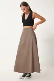 Happiness stanbul Women's Mink Pocket Jacquard Suede Flared Skirt