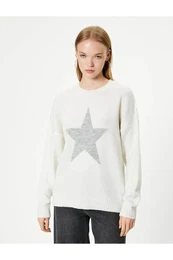 Star Patterned Sweater Long Sleeve Crew Neck Soft Texture