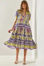 Women's Magnificent Collar Katkat Patterned Viscose Dress
