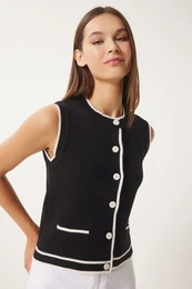 Happiness stanbul Women's Black Contrast Stripe Detailed Knitwear Vest