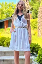 Trend Alaat Stili Women's White Strap V-Neck Color Block Lined Belted Woven Dress