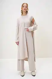 Trend Alaat Stili Women's Stone Shoulder Padded Crew Neck Blouse Trousers and Cardigan Set Suit