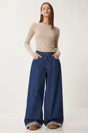 Happiness stanbul Women's Dark Blue High Waist Wide Leg Jeans
