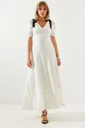 Women's V Neck Short Sleeve Bow Detail Lined Midi Length Dress