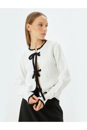 Knitwear Textured Cardigan with Bow Tie Detail