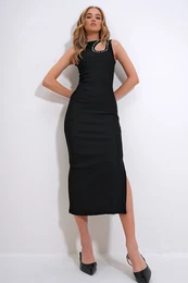 Trend Alaat Stili Women's Black Crew Drop Collar Midi Length Stone Ottoman Dress