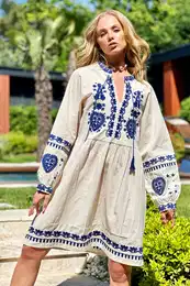 Trend Alaat Stili Women's Stone V-Neck Embroidered Raw Linen Dress