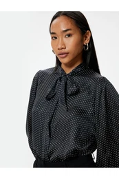 Polka Dot Satin Shirt with Bow Detail Scarf Collar Long Sleeve
