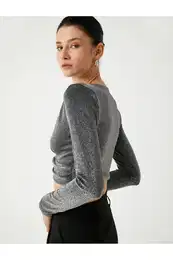 Evening Dress Blouse Crop Glitter Long Sleeve V Neck Gathered