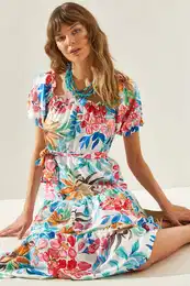 Women's Collar Sleeves Elastic Waist Floral Patterned Belted Dress 5934
