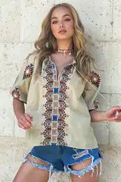 Trend Alaat Stili Women's Dark Beige V-Neck Tassel and Embroidery Watermelon Sleeve Woven Blouse