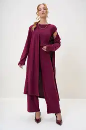 Trend Alaat Stili Women's Claret Red Shoulder Padded Crew Neck Blouse Trousers and Cardigan Set Suit