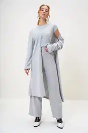 Trend Alaat Stili Women's Greymelanj Shoulder Padded Bike Neck Blouse Trousers and Cardigan Set