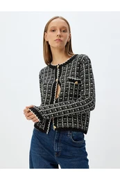 Knitted Cardigan, Crew Neck, Buttoned Pocket Detail, Glittery Texture