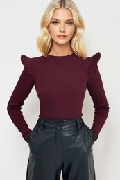 Trend Alaat Stili Women's Burgundy Shoulder Ruffles Half Fisherman Sweater