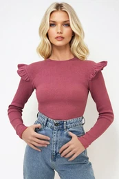 Trend Alaat Stili Women's Dusty Rose Half Turtleneck Sweater with Ruffled Shoulders
