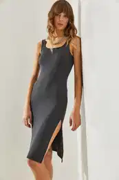 Women's Corduroy Slit Detailed Strappy Dress