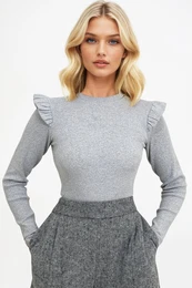 Trend Alaat Stili Women's Greymelanj Half Turtleneck Sweater with Ruffled Shoulders