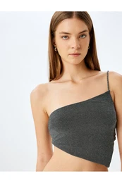 X Inji - Crop Glittery One Shoulder Asymmetrical Cut Slim Fit Blouse