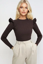 Trend Alaat Stili Women's Brown Half Turtleneck Sweater with Ruffle Shoulders