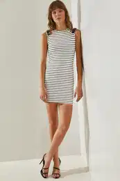 Women's Ottoman Striped Shoulder Buckle Detailed Dress