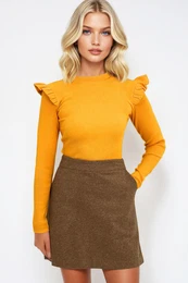 Trend Alaat Stili Women's Yellow Ruffled Shoulders Half Fisherman Sweater