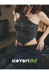 X Inji - Halter Neck Crop Back Lace Up Asymmetric Sequin Evening Blouse