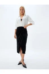 Double Breasted Velvet Skirt Midi Length Asymmetrical Slim Fit
