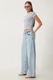 Happiness stanbul Women's Ice Blue Mid Waist Wide Leg Jeans