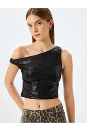 X Inji - Sequined Boat Neck Crop Sleeveless Slim Fit Blouse