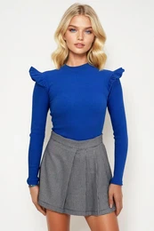 Trend Alaat Stili Women's Saks Shoulders Ruffled Half Fisherman Sweater
