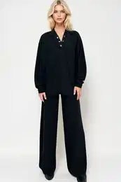 Trend Alaat Stili Women's Black Hooded Snap Fastener Oversize Sweatshirt and Pants Bottom Top Suit