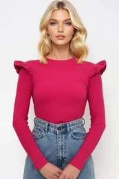 Trend Alaat Stili Women's Fuchsia Ruffled Shoulders Half Fisherman Sweater