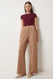 Happiness stanbul Women's Biscuit Lycra Comfortable Palazzo Knitted Trousers