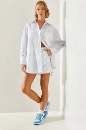 Women's Single Pocket Detailed Striped Oversize Shorts Top-Bottom Set 8454