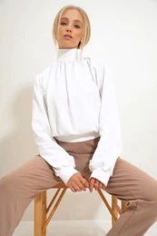 Trend Alaat Stili Women's White Half Turtleneck Front Gathered Cuff Sleeve Blouse