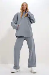 Trend Alaat Stili Women's Gray Hooded Zippered Double Pocket 3 Yarn Inside Raised Tracksuit