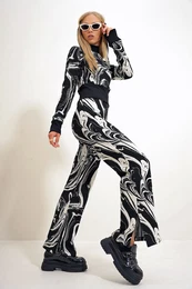 Trend Alaat Stili Women's Black and White Stand Collar Crop Blouse and Elastic Waist Patterned Knitwear Two Piece Set