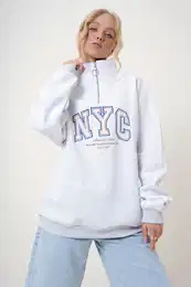 Trend Alaat Stili Women's Grey Melamine Stand Collar Zipper Front Embroidered Oversize 3 Thread Raised Unisex Sweatshirt