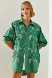 Women's Sequined Embroidered Patterned Oversize Shirt 5932