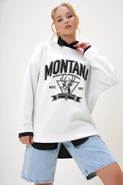 Trend Alaat Stili Women's Ecru Crew Neck Text Printed Three Thread Fleece College Sweatshirt