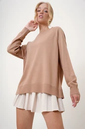Trend Alaat Stili Women's Milky Coffee Boat Neck Side Slit Flowy Knitwear Blouse