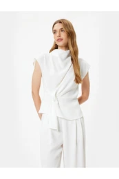 Stand Collar Asymmetrical Knot Detail Sleeveless Blouse