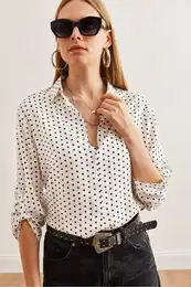 Women's White Folded Sleeve Polka Dot Shirt