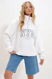 Trend Alaat Stili Women's White Stand Collar Zipper Front Embroidered Oversize 3 Thread Ribbed Unisex Sweatshirt