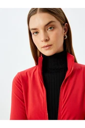 Pocketed Slim Fit Stand Collar Zippered Fleece Sweatshirt