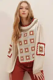 Trend Alaat Stili Women's Beige Boat Neck Patterned Balloon Sleeve Woven Blouse