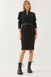 Women's Zippered Belted Long Knit Dress
