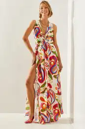 Women's Backless Kilos Cut Halter Neck Patterned Slit Detail Dress 22217